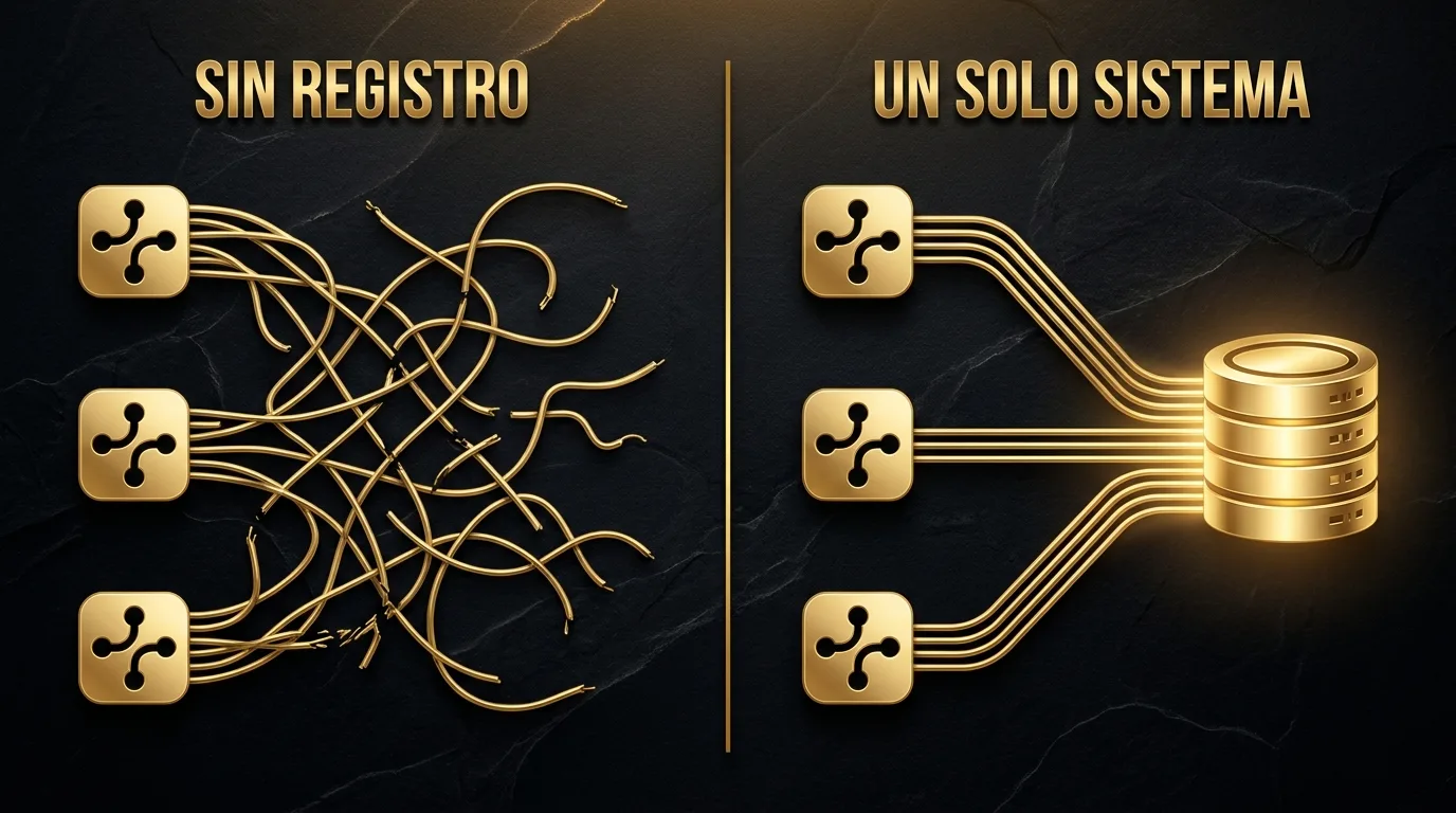 Comparación entre canales sin registro, con líneas enredadas, y un solo sistema donde todo converge
