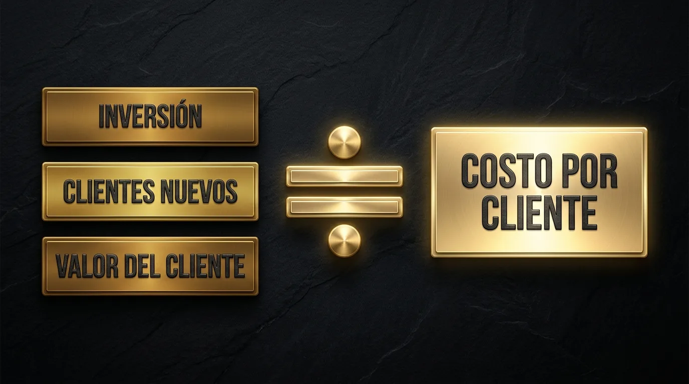 Los tres números: inversión, clientes nuevos y valor del cliente, divididos para dar el costo por cliente