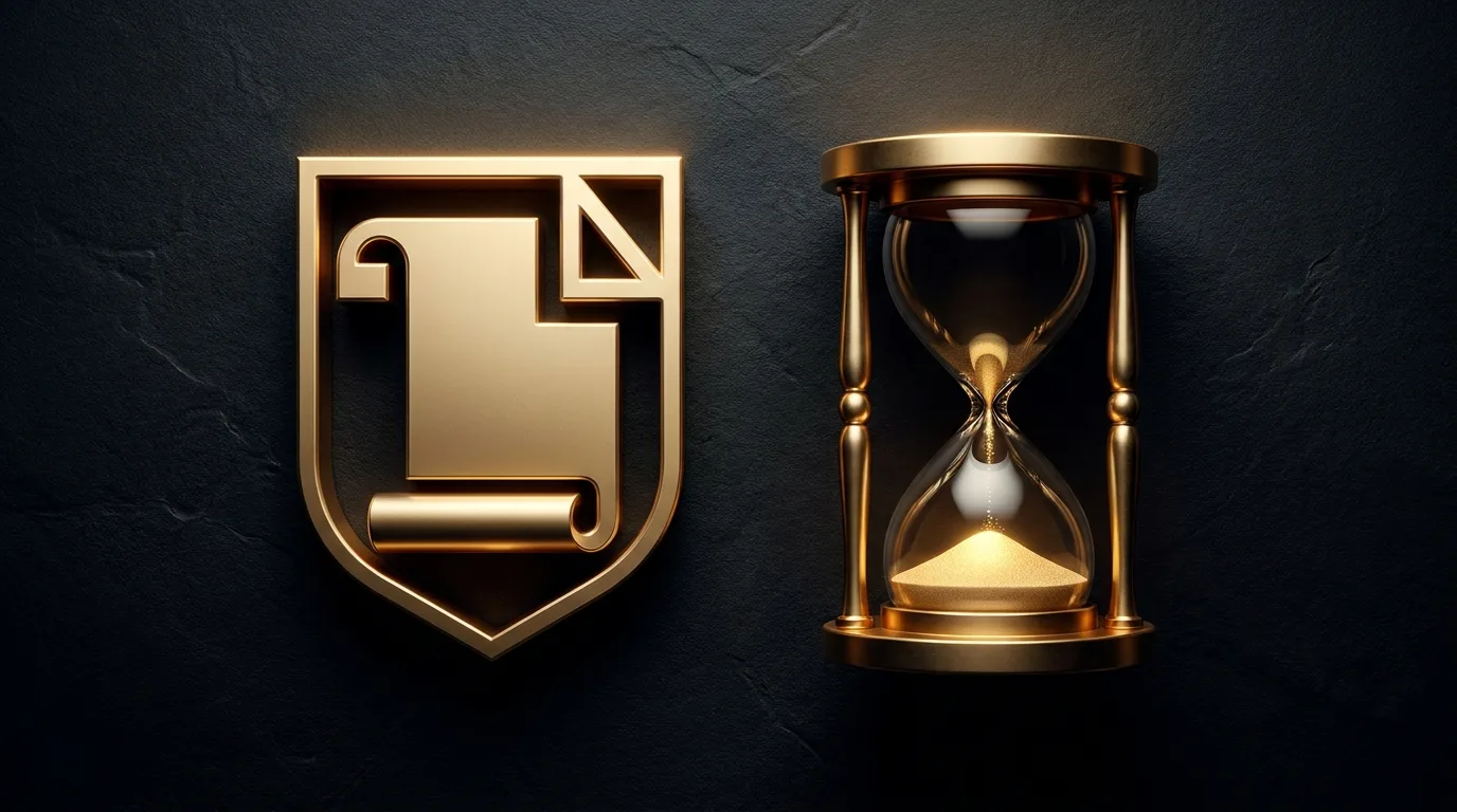 Emblema dorado de una cotización junto a un reloj de arena casi vacío, sobre pizarra negra