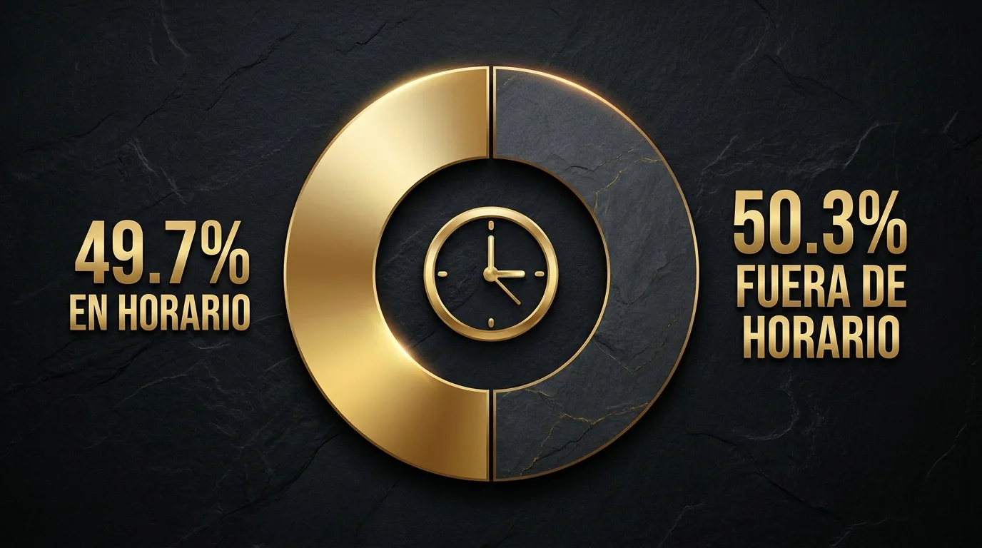Gráfica de dona: 49.7% de las oportunidades llegan en horario de oficina y 50.3% fuera de horario