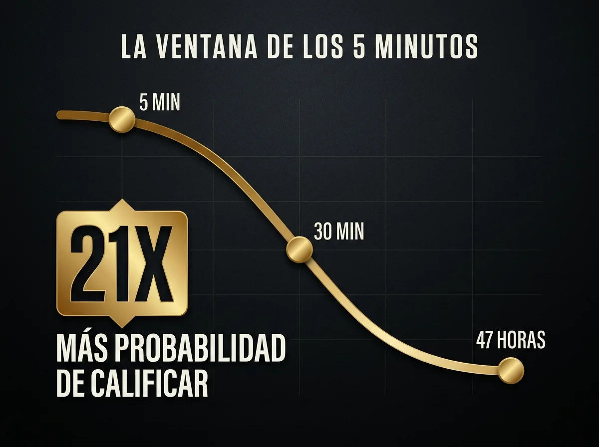 Gráfica de la ventana de los 5 minutos: responder en 5 minutos da 21 veces más probabilidad de calificar al prospecto