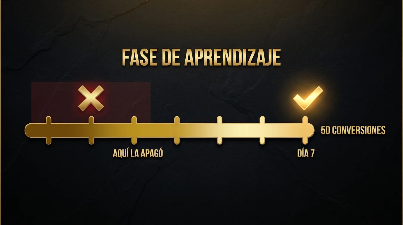 Línea de tiempo de la fase de aprendizaje de Meta Ads, con la campaña apagada en el día 3