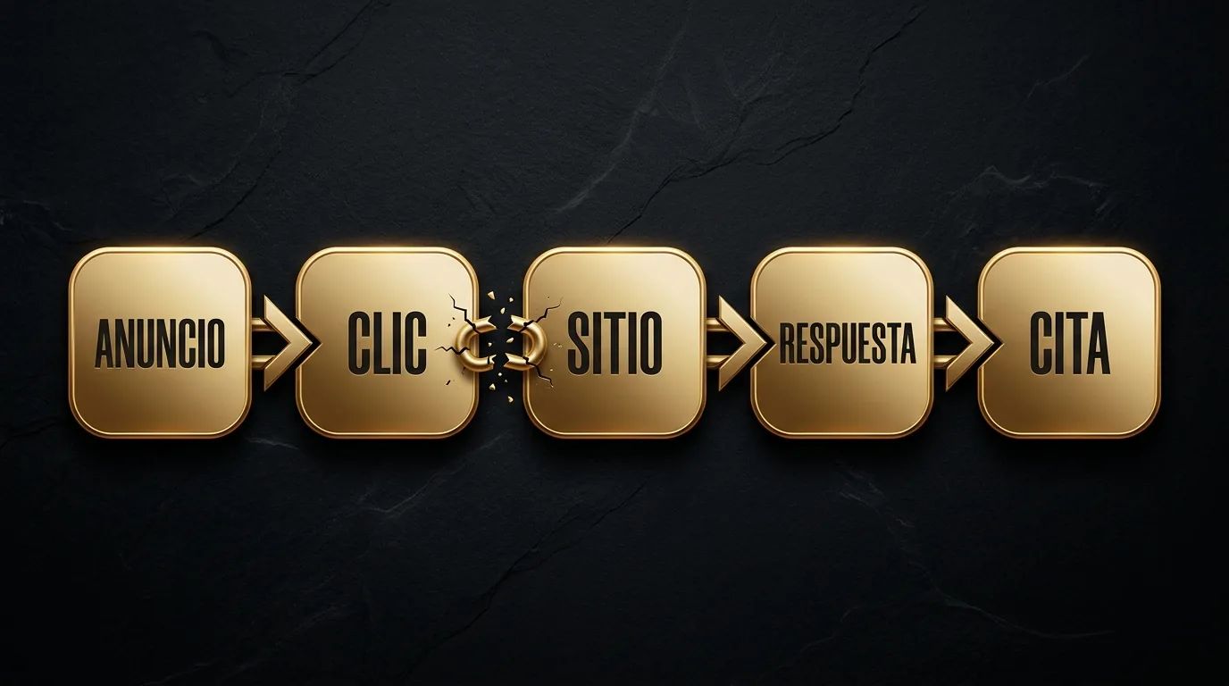 Cadena de cinco pasos, anuncio, clic, sitio, respuesta y cita, rota en el eslabón intermedio