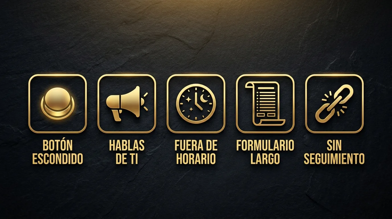Los cinco errores: botón escondido, hablas de ti, fuera de horario, formulario largo y sin seguimiento